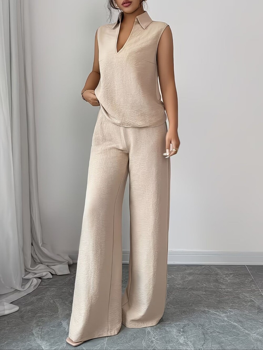 Sleeveless V-Neck Top And Wide Leg Pants Set- Burgundy - Picture 9 of 9